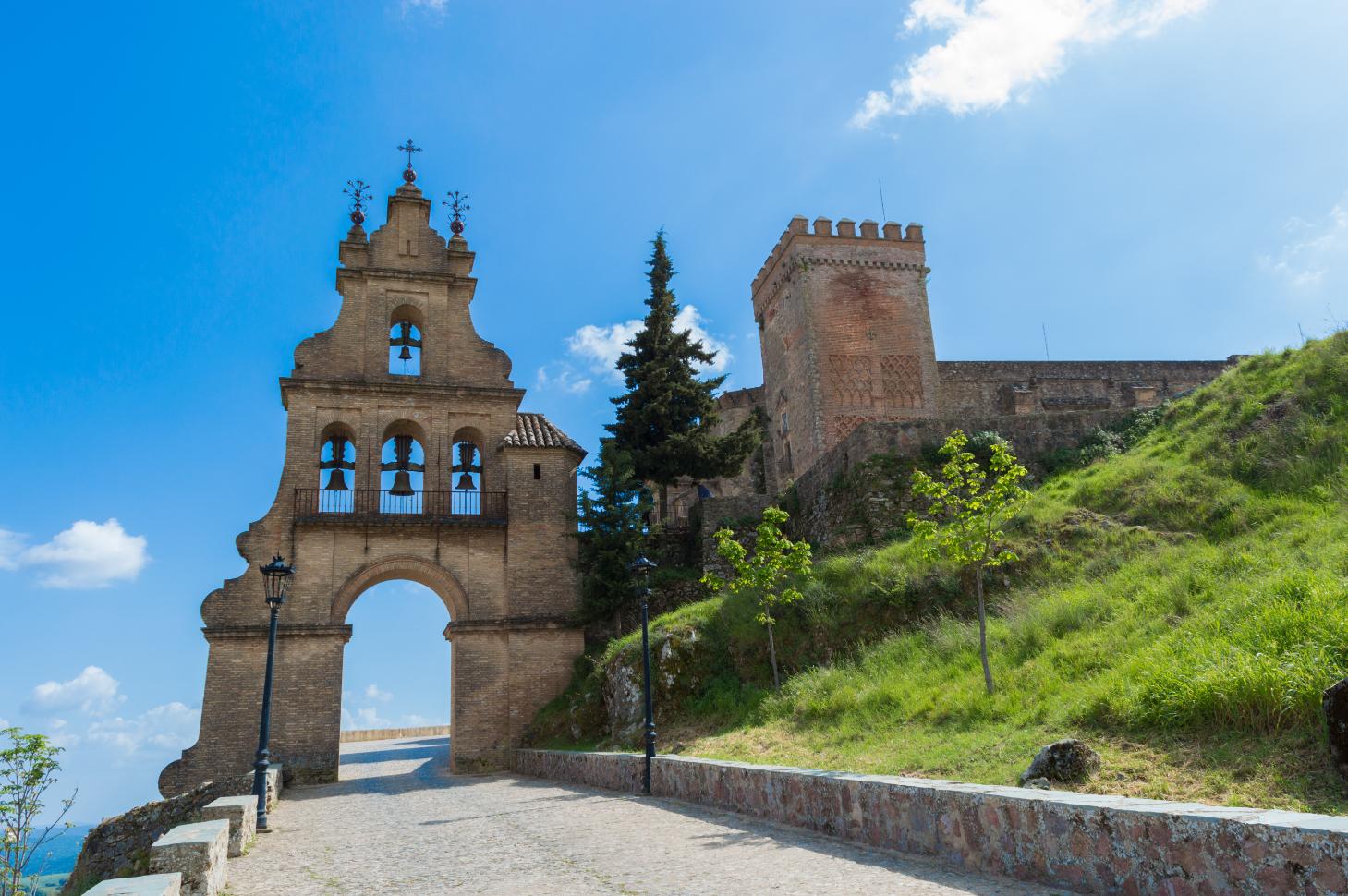 Vista de Aracena con su castillo entre la sierra de encinas