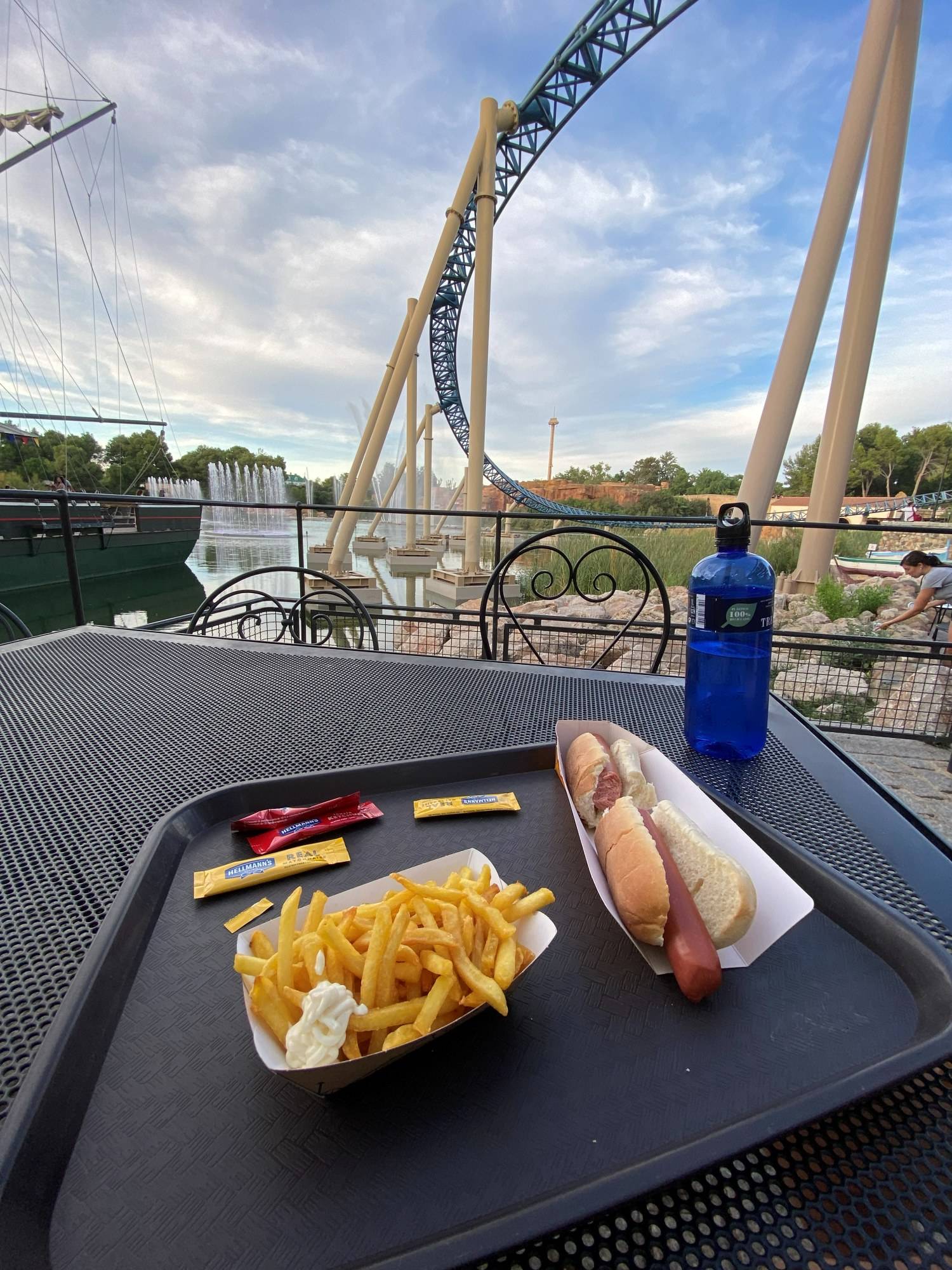 Bandeja con perrito caliente y patatas frente al lago de PortAventura