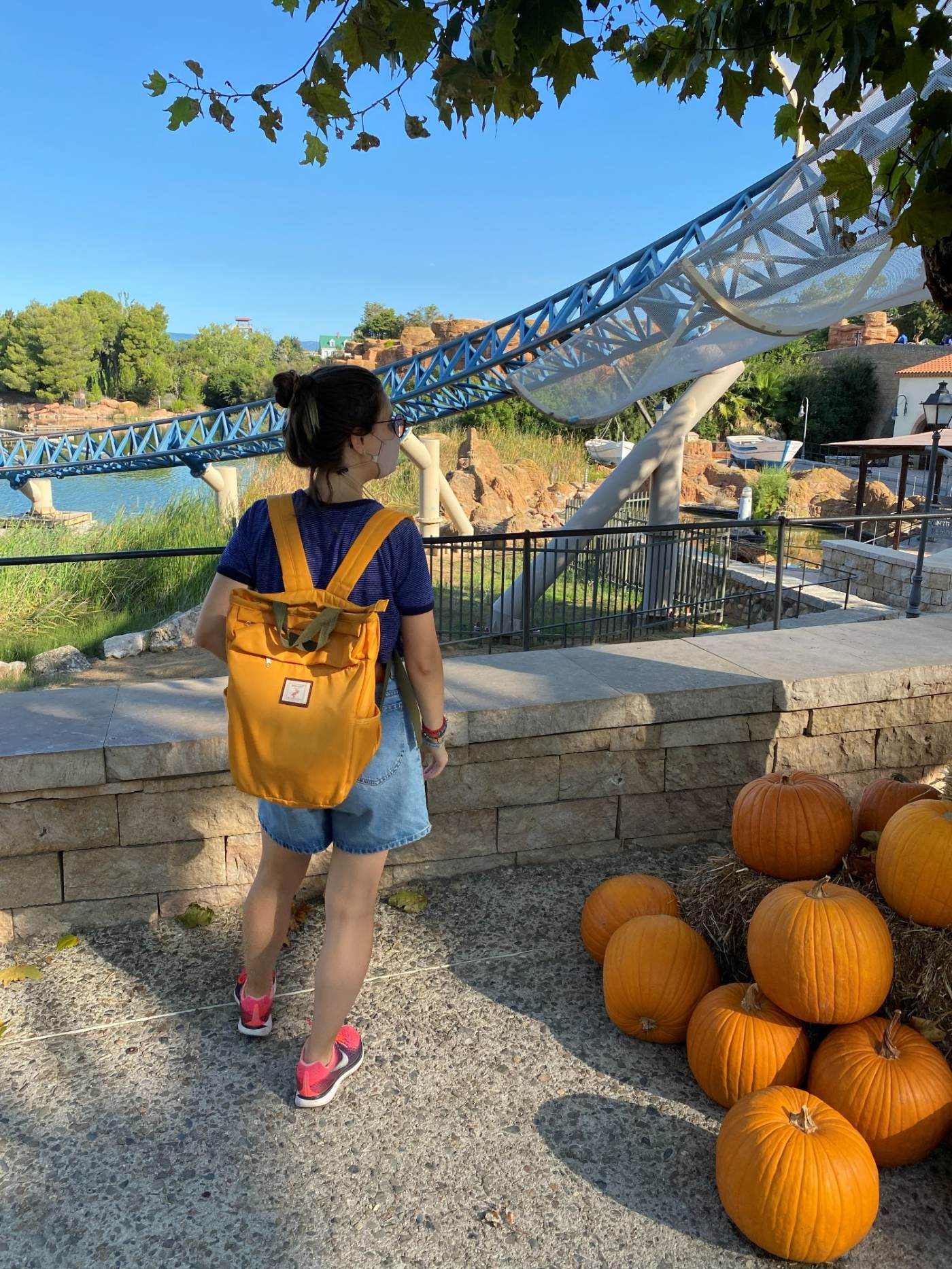 Calabazas de Halloween junto a la vía de una atracción de PortAventura